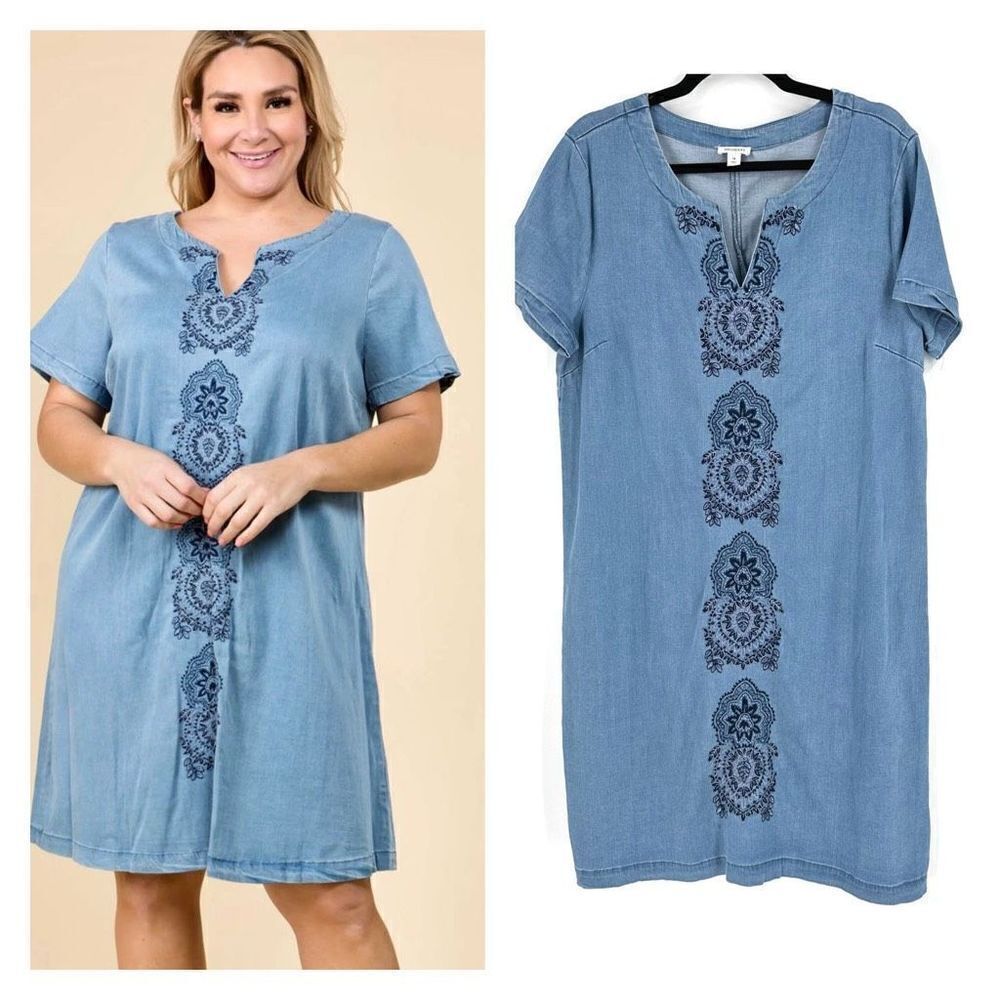 Westport Womens Split Neck Boho Embroidered Chambray Denim Tunic Dress Size 14